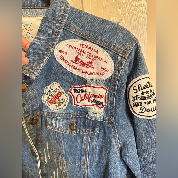 Angel Kiss Jean Jacket w Decorative Patches, Blue, Red & White, Sz Large - Picture 3 of 6
